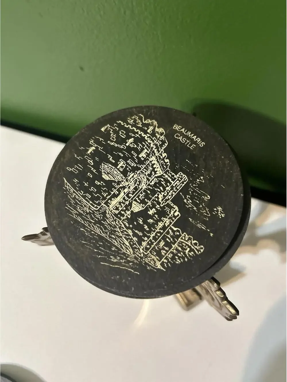 Vintage Welsh Castle Slate Coaster Set+Brass Holder Menai Bridge Harlech Barware